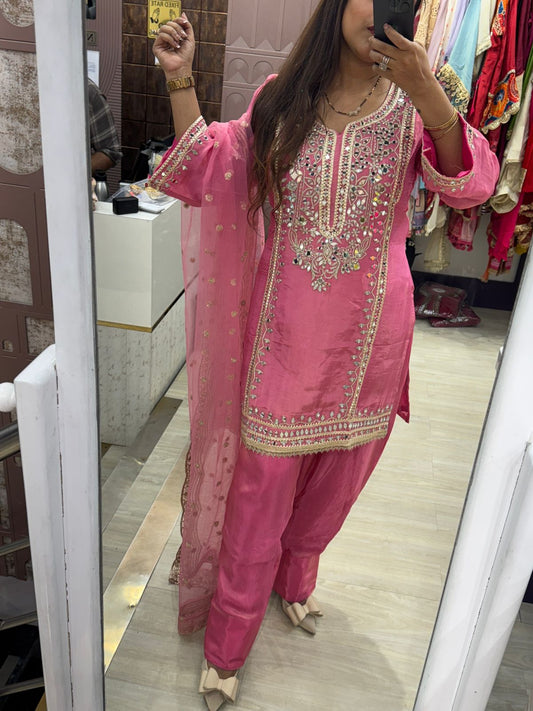 Pink Farshi Salwar Suit with Mirror and Zari Work