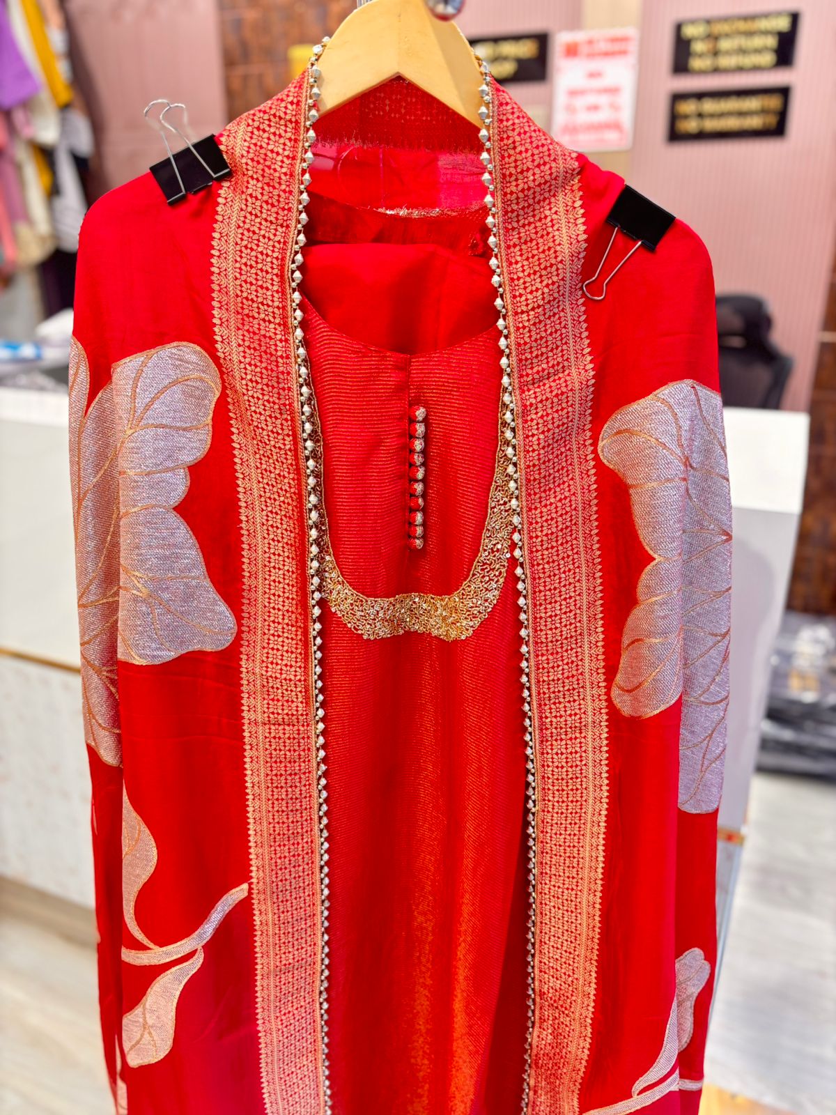 Designer Red Unstitched Suit Set with Dupatta