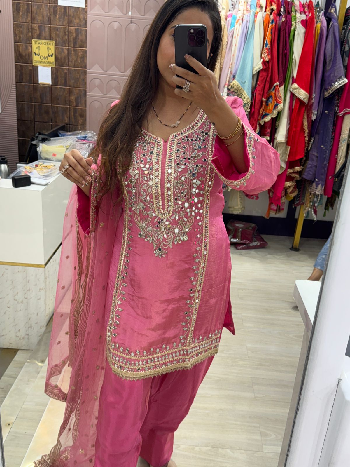 Pink Farshi Salwar Suit with Mirror and Zari Work