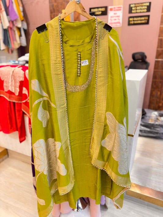 Designer Mehendi Green Unstitched Suit Set with Dupatta