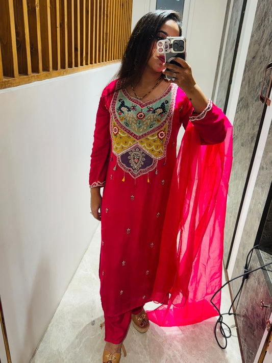 Hot Pink Stitched Suit with Multicolour Embroidery on Neckline