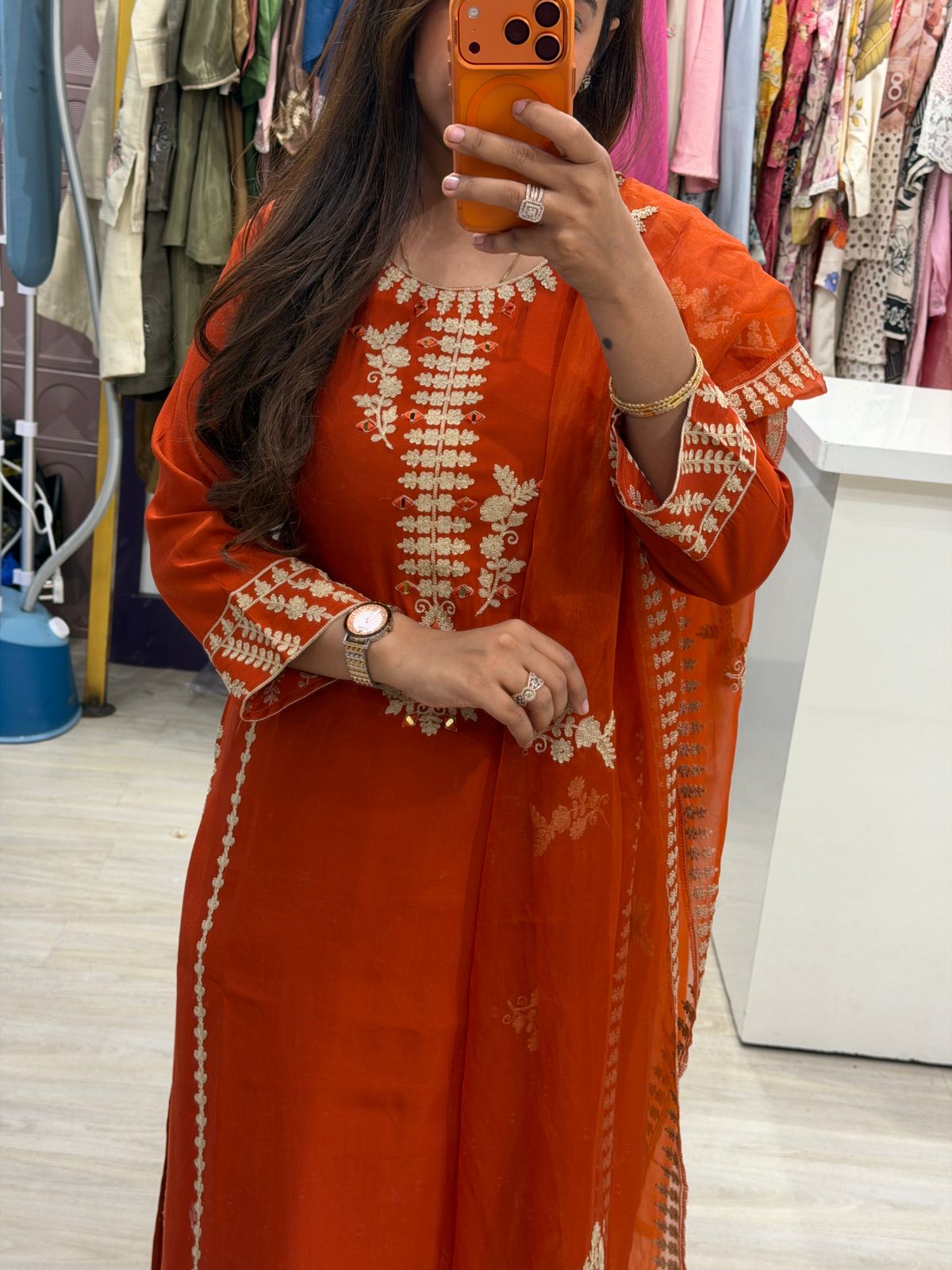 "Rashmika" - Rust Cotton Embroidered 3-Piece Suit Set