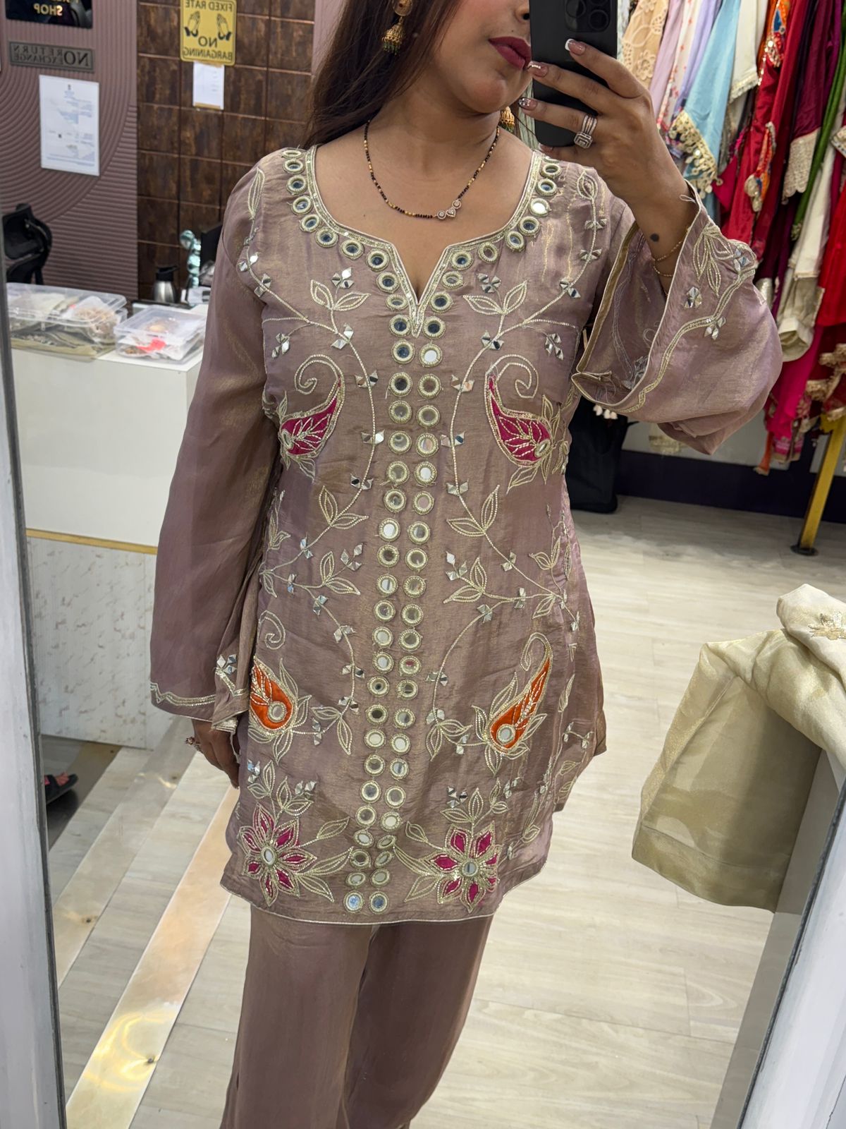 Brinjal Purple Co-ord Set with Mirror Work & Multicolour Embroidery