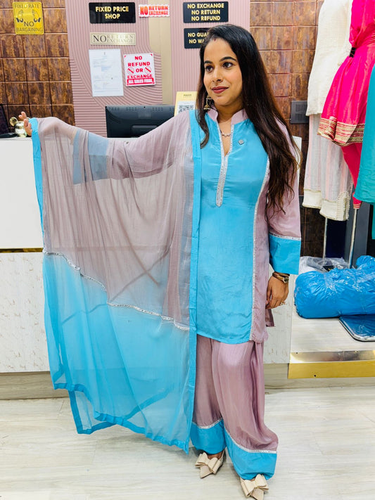 Dual-Tone Farshi Salwar Stitched Suit with Organza Dupatta