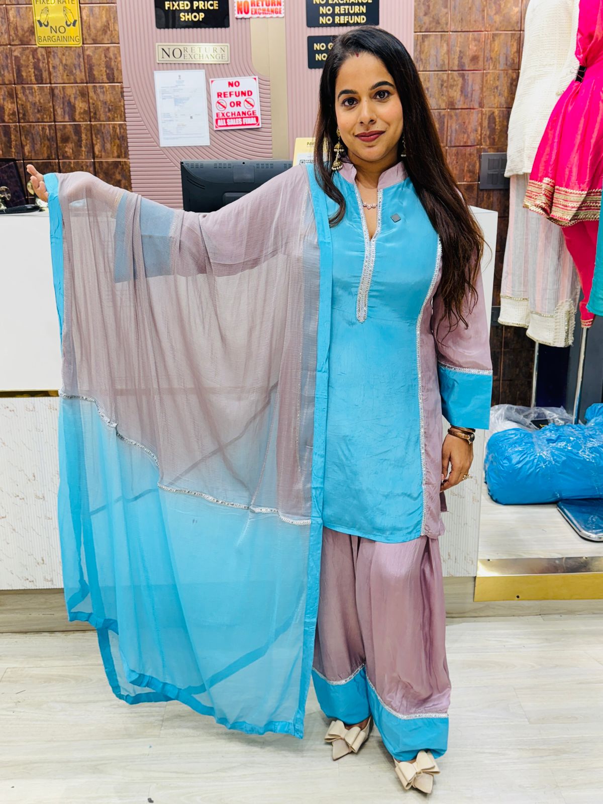 Dual-Tone Farshi Salwar Stitched Suit with Organza Dupatta