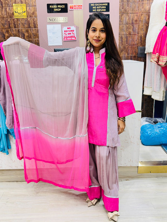 Dual-Tone Farshi Salwar Stitched Suit with Organza Dupatta