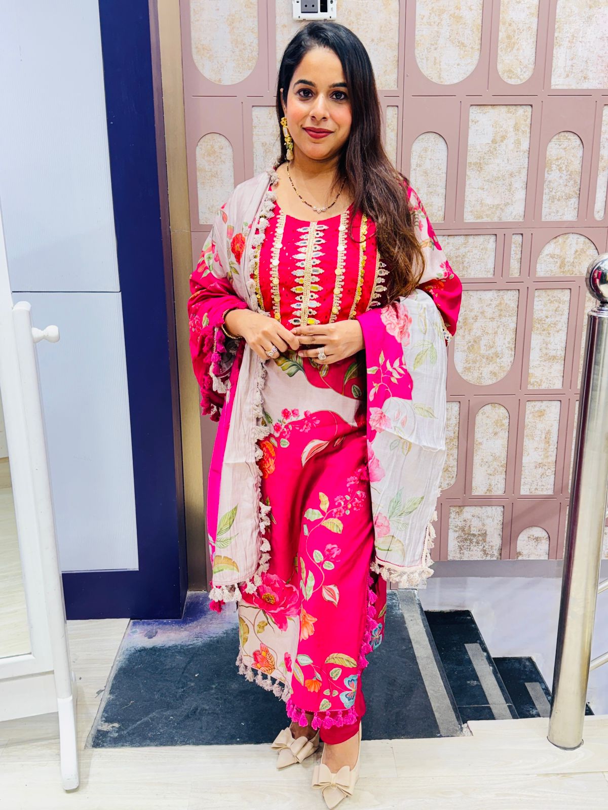 Hot Pink Floral Stitched Suit with Dupatta