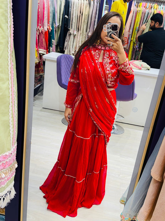 "Sargam Saree"- Red Colour Drape Readymade Saree with Floral Light Pink and Golden Embroidery