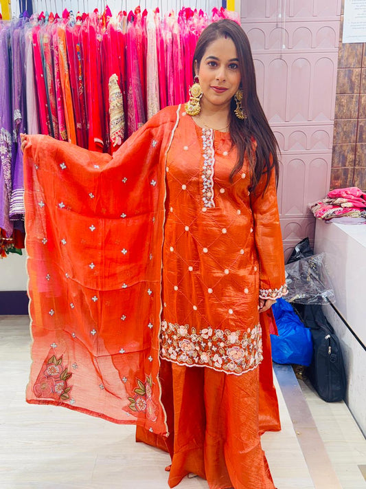 "Amber"- 3 Piece Orange Suit Set with Floral Work