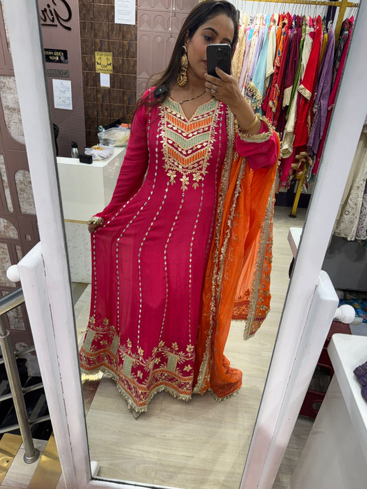 Hot Pink Anarkali Readymade Suit with Heavy Embroidery Work & Contrasting Dupatta