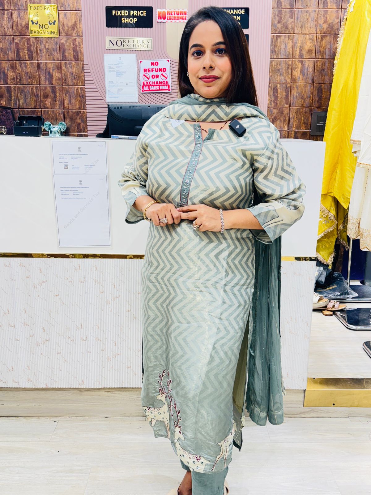 Sage Green Stitched Suit Set with Chevron Print & Embroidered Hemline