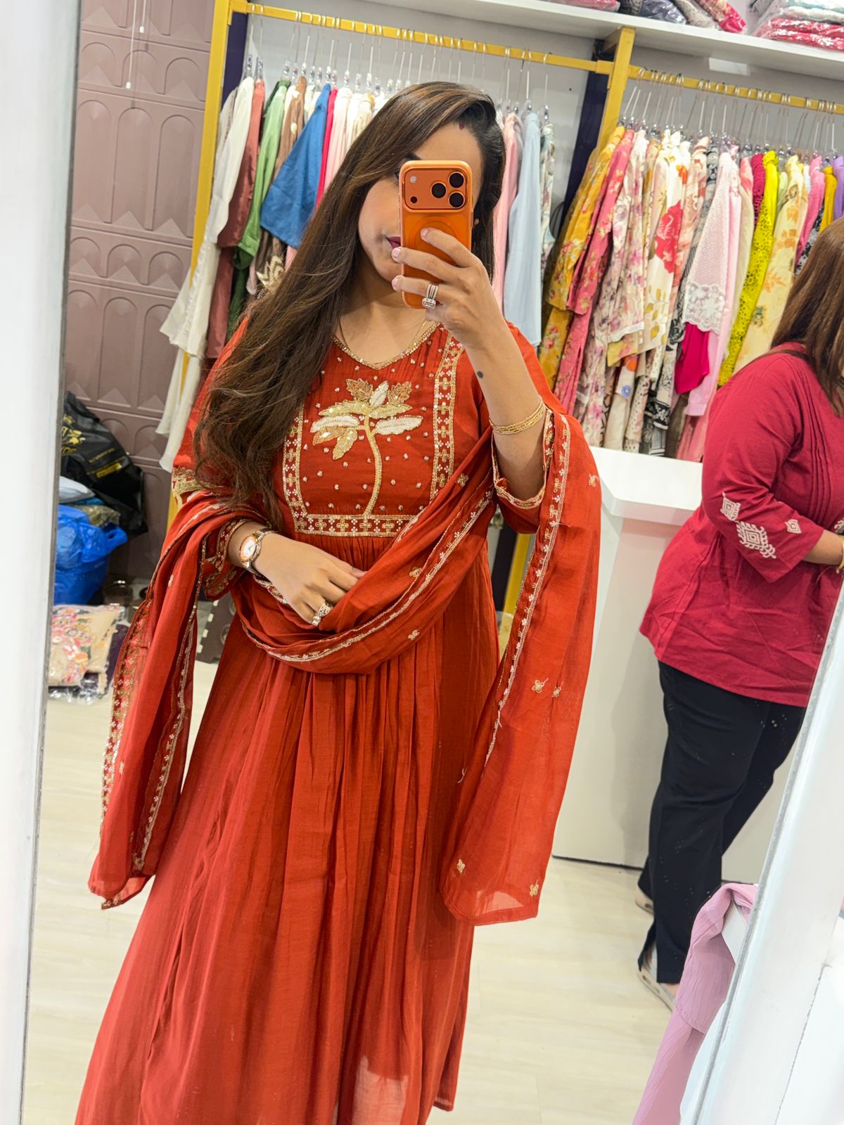 "Mohilya Orange" - Festive Cotton Suit Set with Gold Floral Embroidery