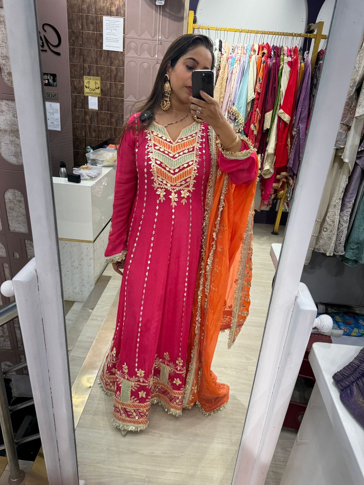 Hot Pink Anarkali Readymade Suit with Heavy Embroidery Work & Contrasting Dupatta