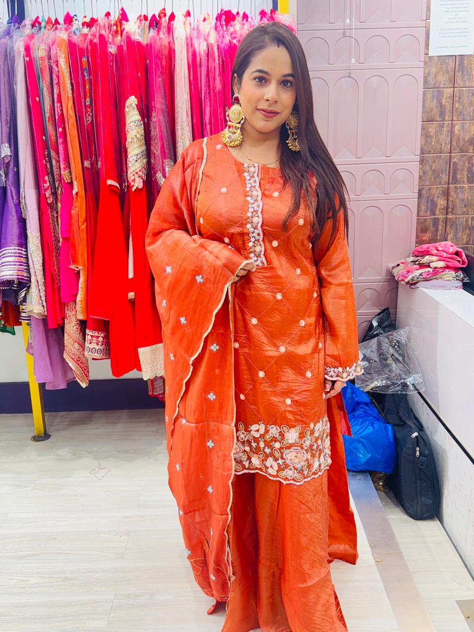"Amber"- 3 Piece Orange Suit Set with Floral Work