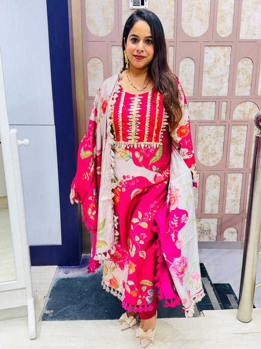Hot Pink Floral Stitched Suit with Dupatta