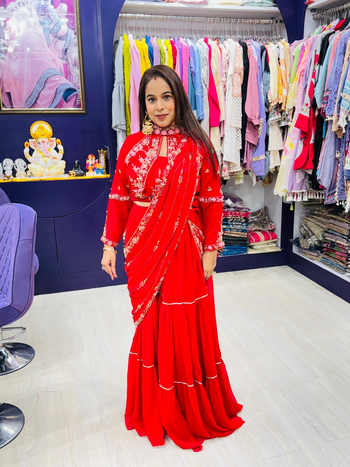 "Sargam Saree"- Red Colour Drape Readymade Saree with Floral Light Pink and Golden Embroidery