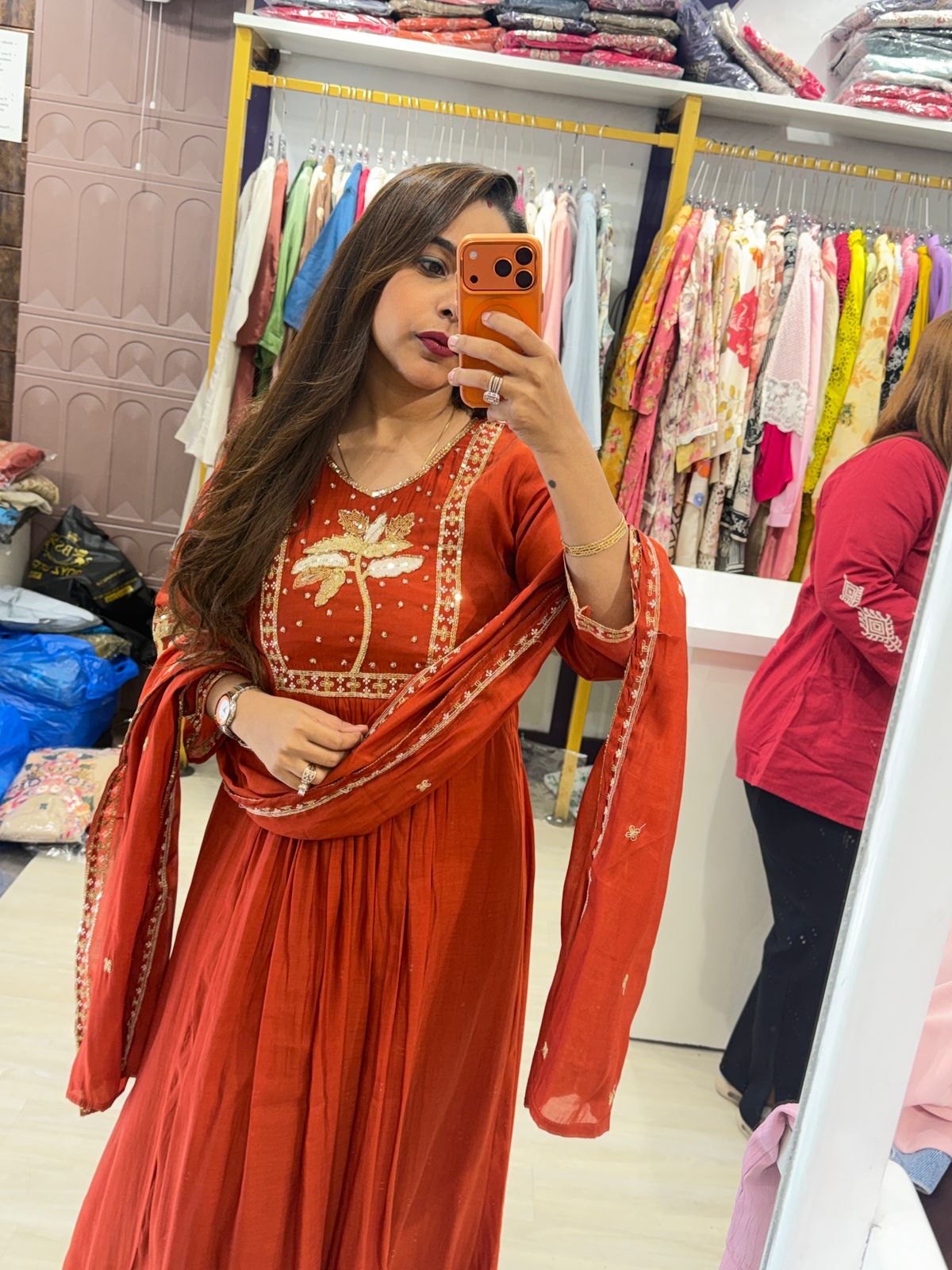 "Mohilya Orange" - Festive Cotton Suit Set with Gold Floral Embroidery