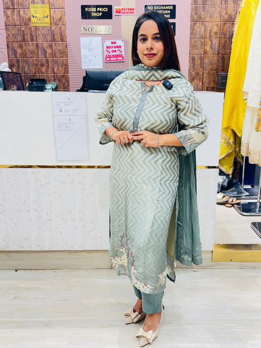 Sage Green Stitched Suit Set with Chevron Print & Embroidered Hemline