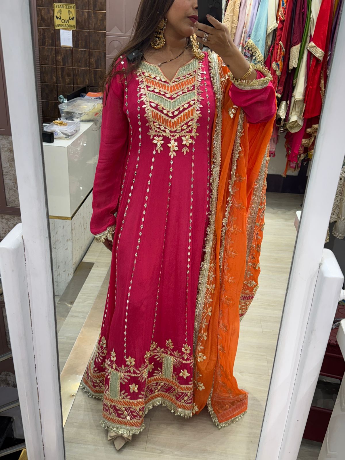 Hot Pink Anarkali Readymade Suit with Heavy Embroidery Work & Contrasting Dupatta