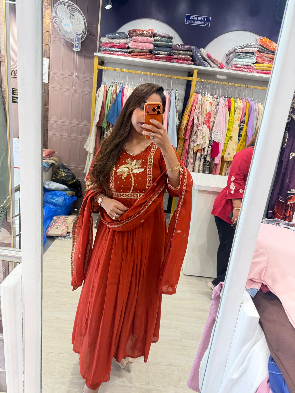 "Mohilya Orange" - Festive Cotton Suit Set with Gold Floral Embroidery