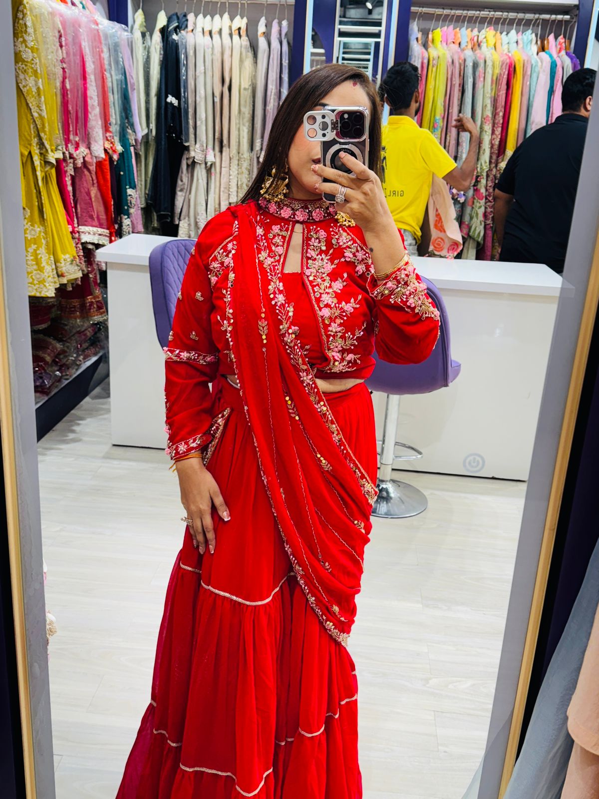 "Sargam Saree"- Red Colour Drape Readymade Saree with Floral Light Pink and Golden Embroidery