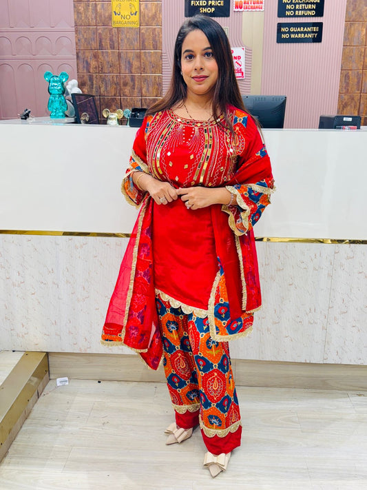 Red Pure Crepe Kurta Set with Printed Farshi Salwar & Embroidered Dupatta