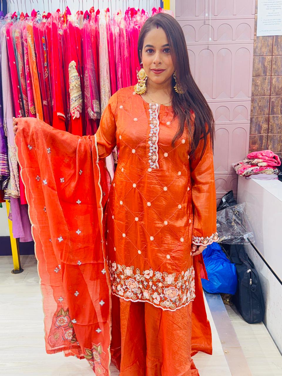 "Amber"- 3 Piece Orange Suit Set with Floral Work