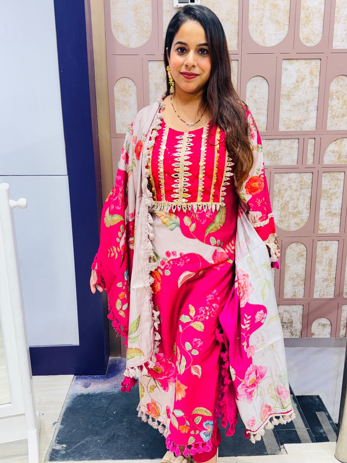 Hot Pink Floral Stitched Suit with Dupatta