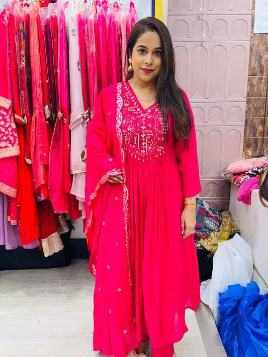 "Nazm"- 3 Piece Hot Pink Suit Set with Tassel Detailing