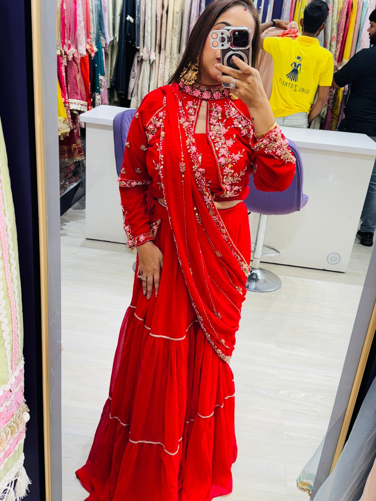 "Sargam Saree"- Red Colour Drape Readymade Saree with Floral Light Pink and Golden Embroidery