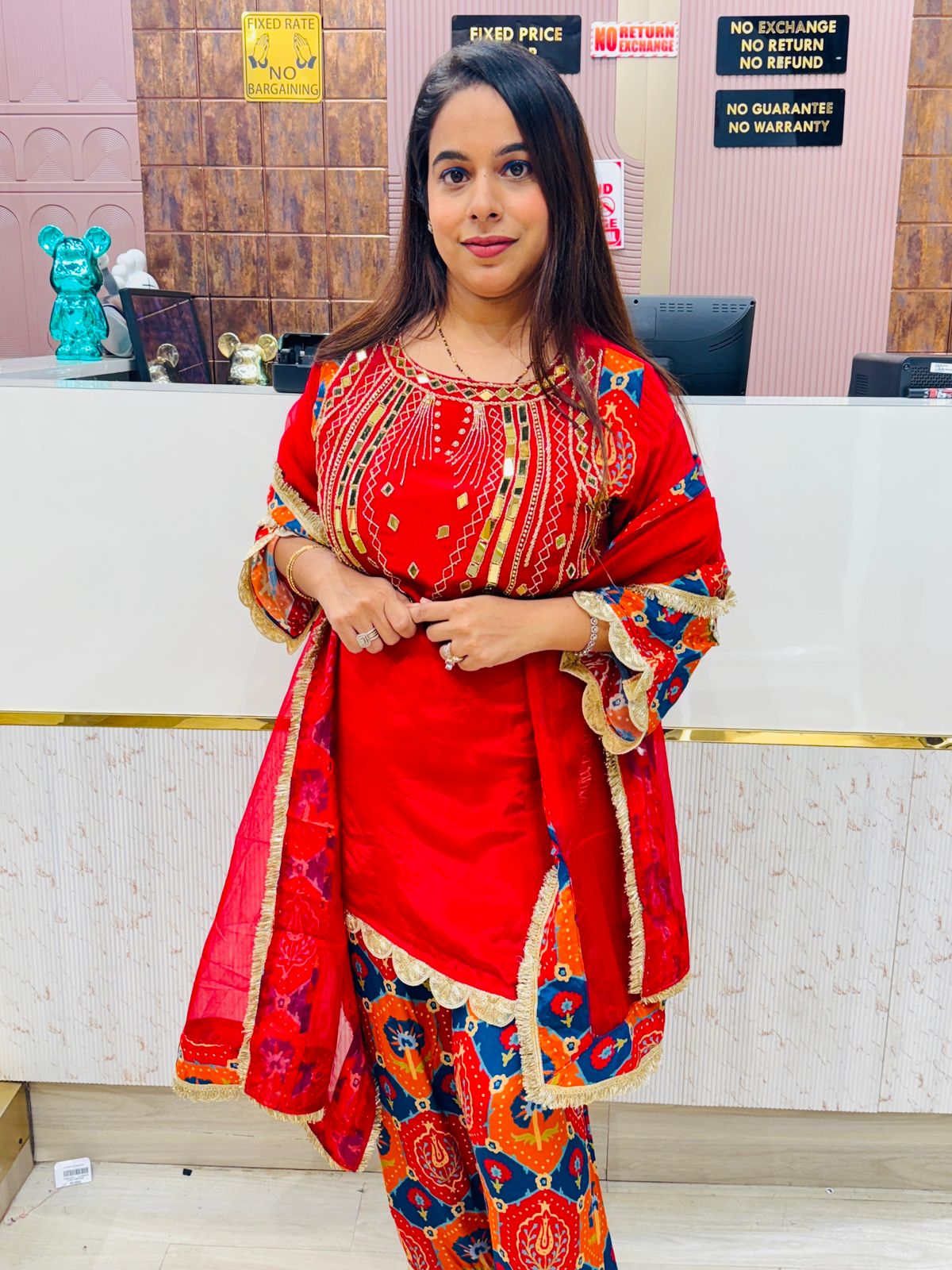 Red Pure Crepe Kurta Set with Printed Farshi Salwar & Embroidered Dupatta