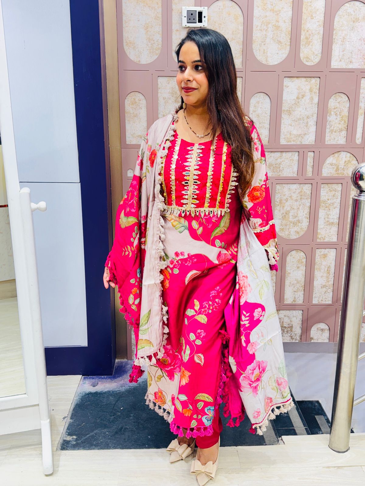 Hot Pink Floral Stitched Suit with Dupatta