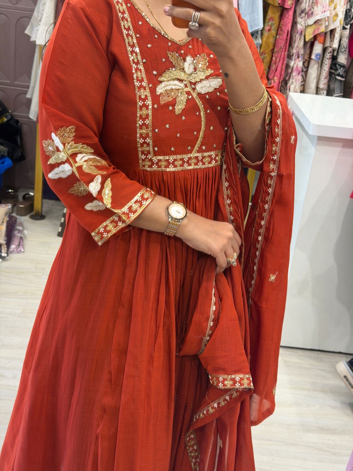 "Mohilya Orange" - Festive Cotton Suit Set with Gold Floral Embroidery