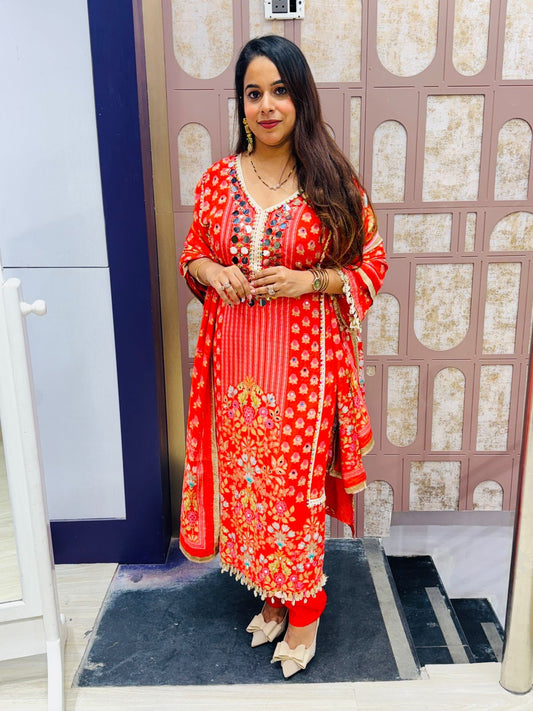 Red Mirror Work Stitched Suit with Embroidered Dupatta