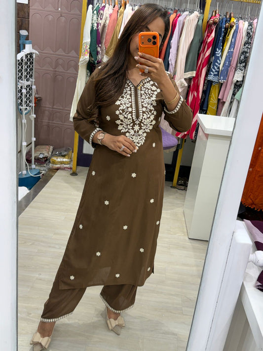 "Lurex" - Earthy Brown Embroidered Co-ord Set