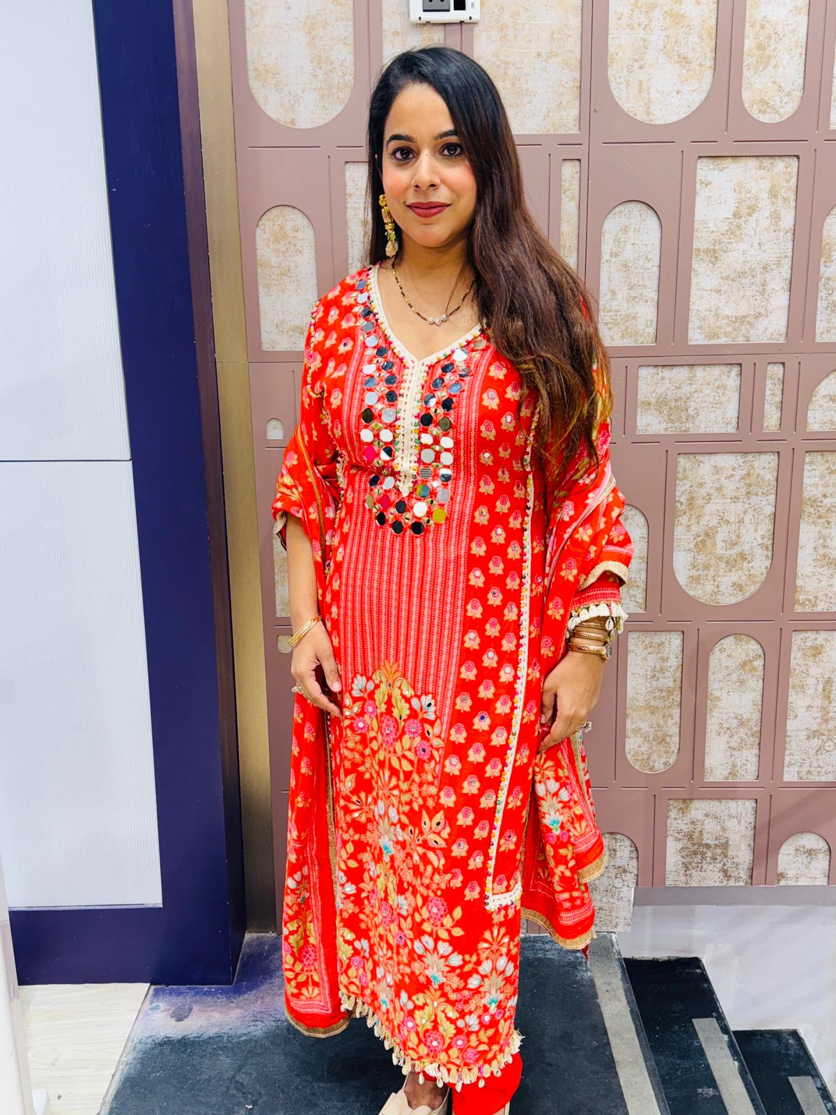 Red Mirror Work Stitched Suit with Embroidered Dupatta