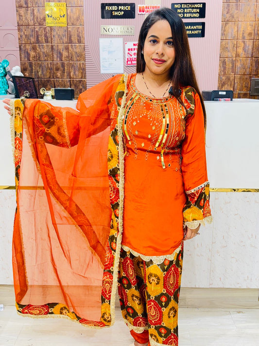 Orange Pure Crepe Kurta Set with Printed Farshi Salwar & Embroidered Dupatta