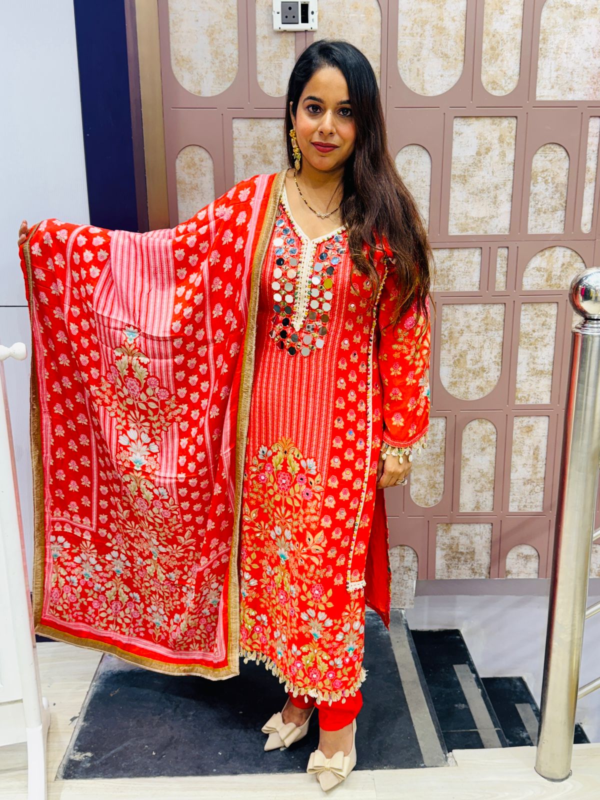 Red Mirror Work Stitched Suit with Embroidered Dupatta
