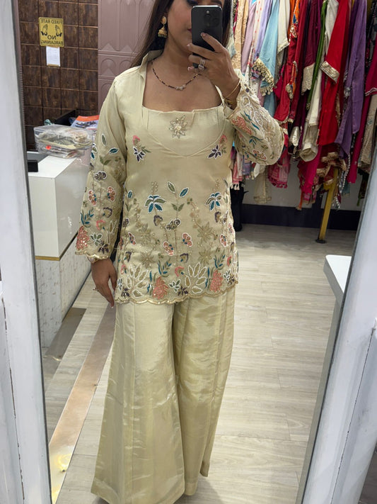 Beige Colour 3 Piece Co-ord Set with Multicolour Detailing