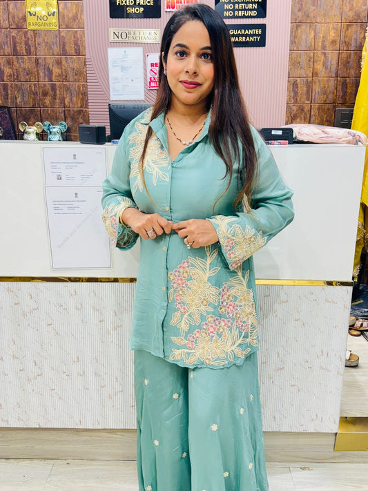 Duck Egg Blue Embroidered Co-Ord Set