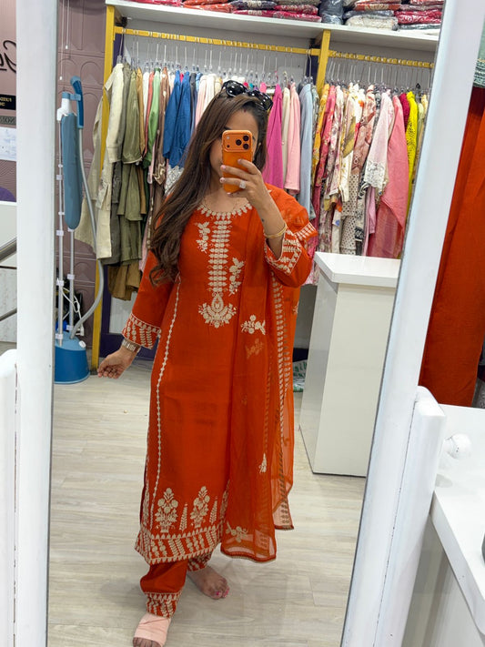 "Rashmika" - Rust Cotton Embroidered 3-Piece Suit Set