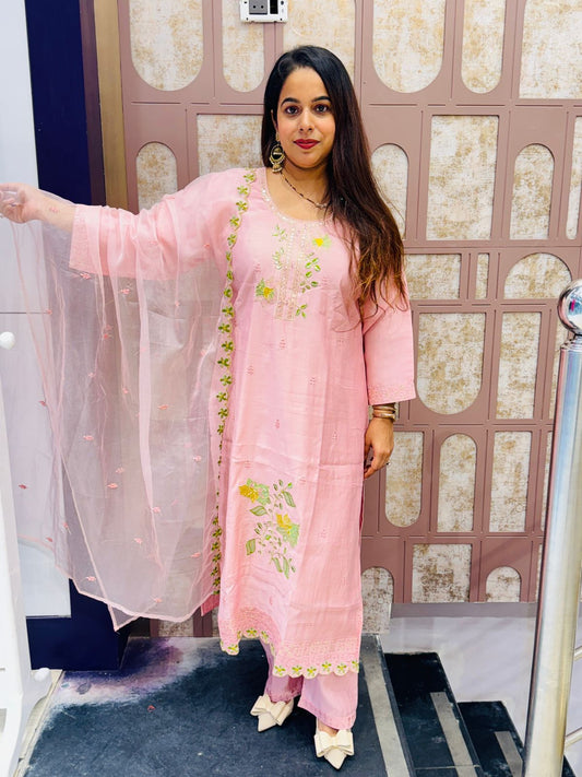 Pastel Pink Embroidered Cotton Suit Set with Dupatta