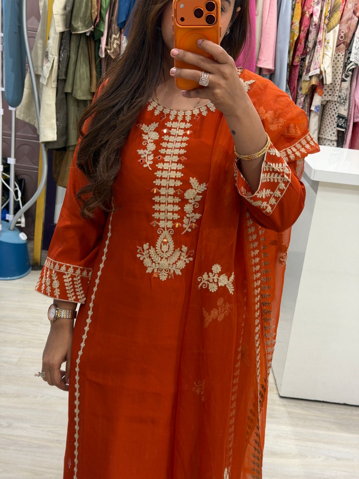 "Rashmika" - Rust Cotton Embroidered 3-Piece Suit Set