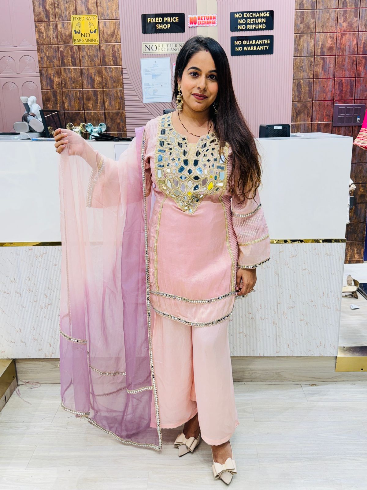 Light Pink Mirror Work Kurta Set with Organza Dupatta