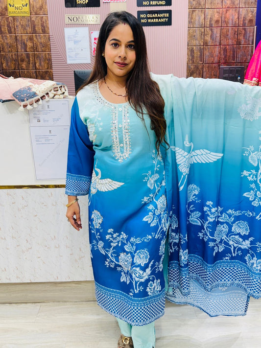 Sky Ombre Printed Kurta Set with Mirror Work Neckline