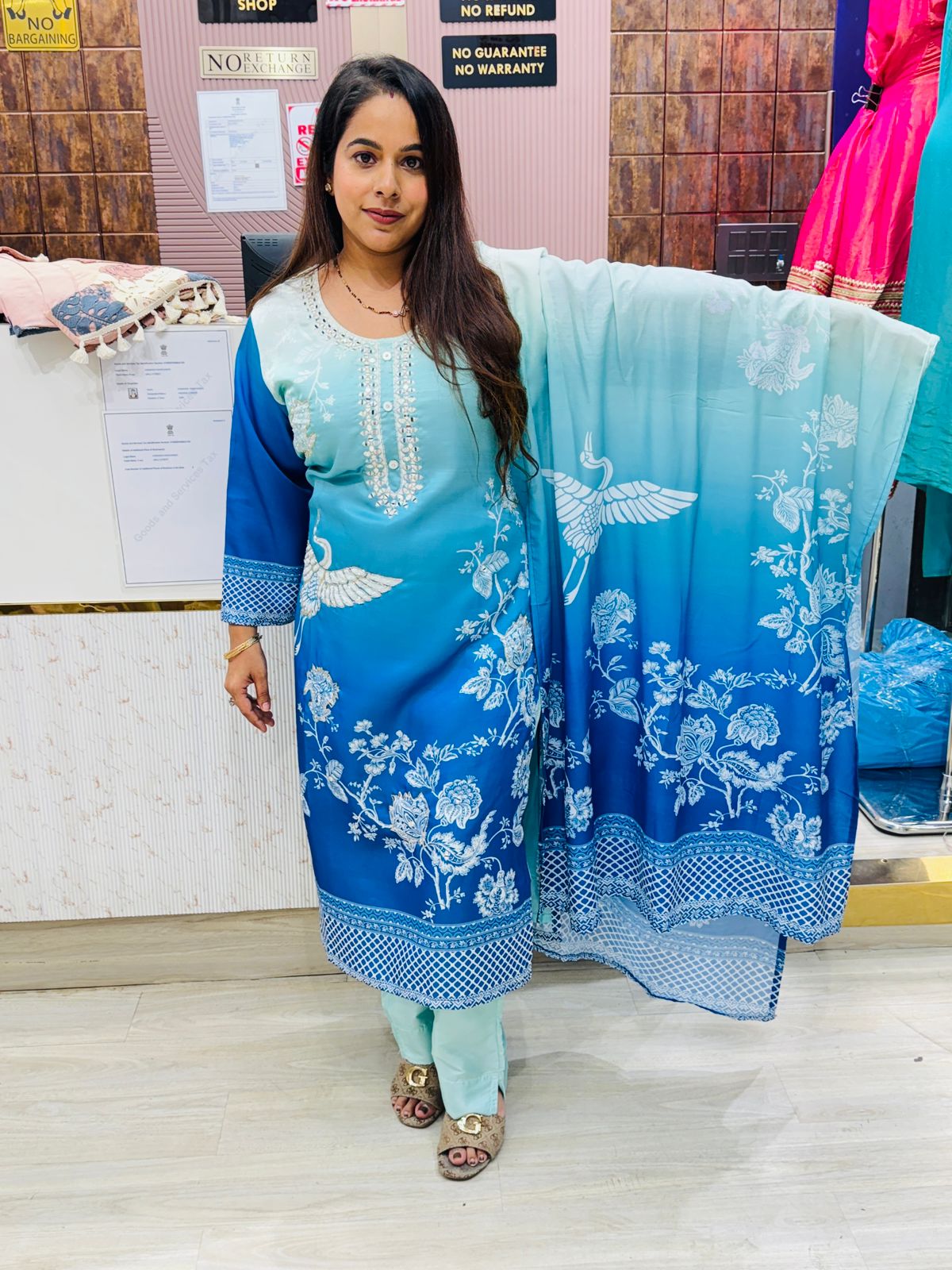 Sky Ombre Printed Kurta Set with Mirror Work Neckline