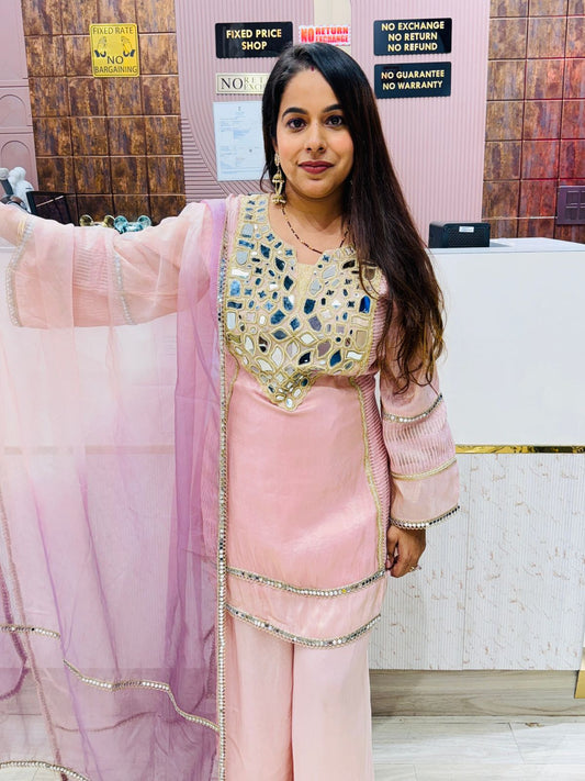 Light Pink Mirror Work Kurta Set with Organza Dupatta