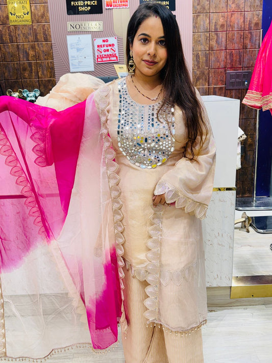 Light Gold Kurta Set with Heavy Mirror Work & Pink Ombre Dupatta