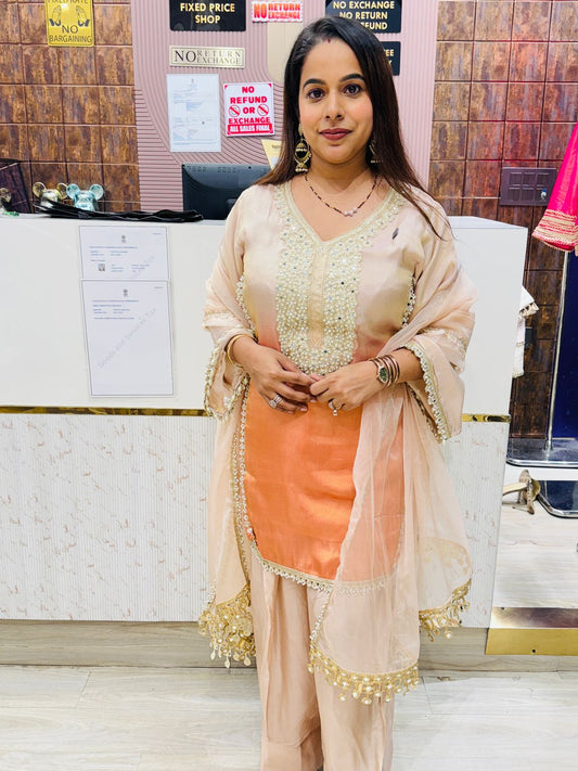 Dual-Tone Kurta Set with Hand-Embellished Mirror Work