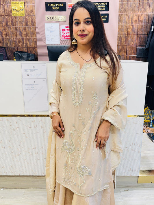 Elegant Beige Kurta Set with Hand-Embroidered Swan Motif